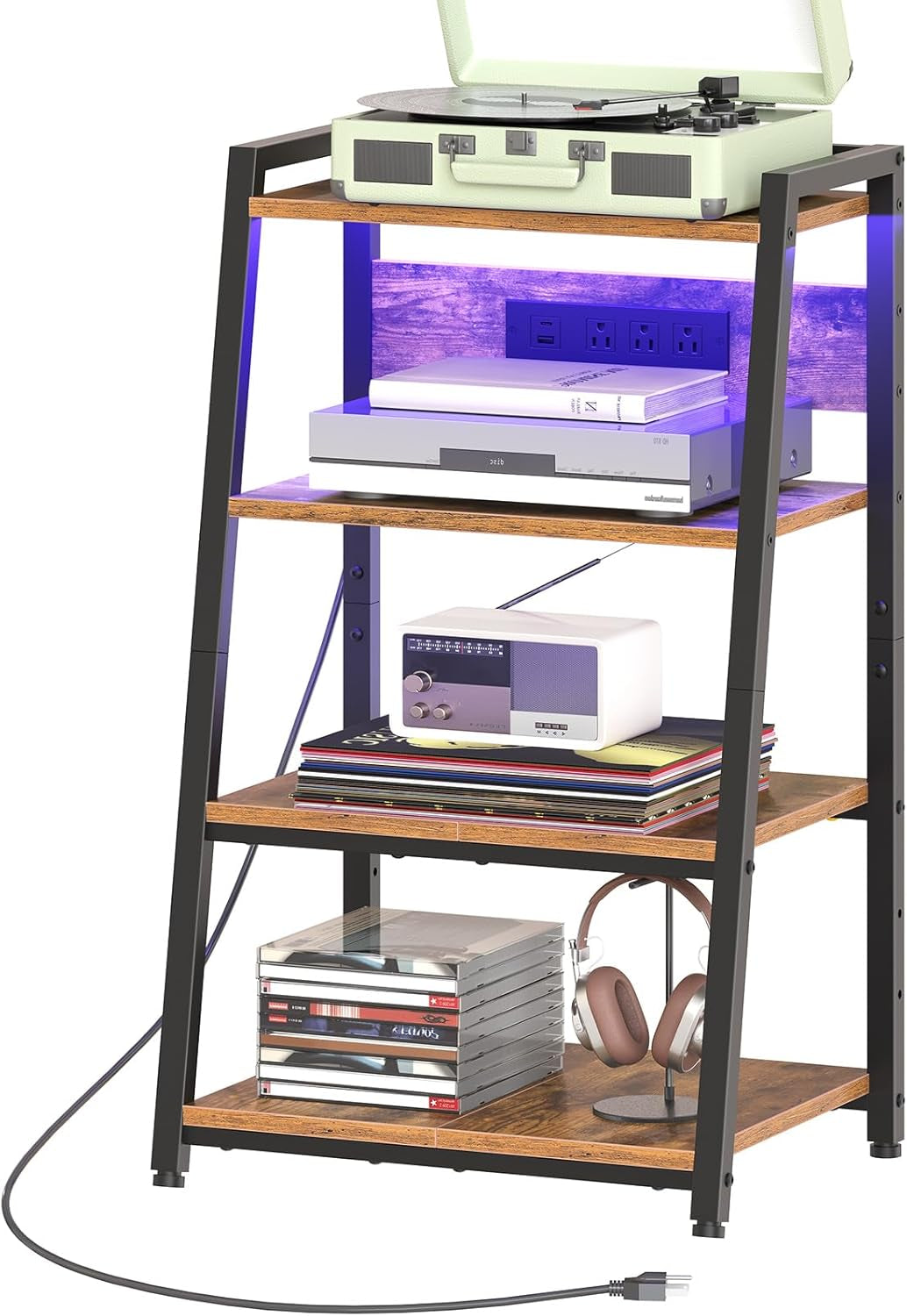 4-Tier AV Media Stand with Charging Station and LED Light, Wooden Stereo Cabinet, Game Console Stand, Media Audio Rack, Record Player, Entertainment Center, Rustic Brown and Black BF106UDCJ01