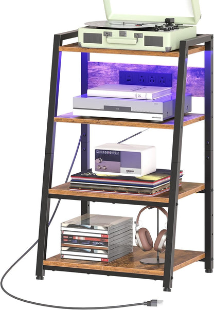 4-Tier AV Media Stand with Charging Station and LED Light, Wooden Stereo Cabinet, Game Console Stand, Media Audio Rack, Record Player, Entertainment Center, Rustic Brown and Black BF106UDCJ01
