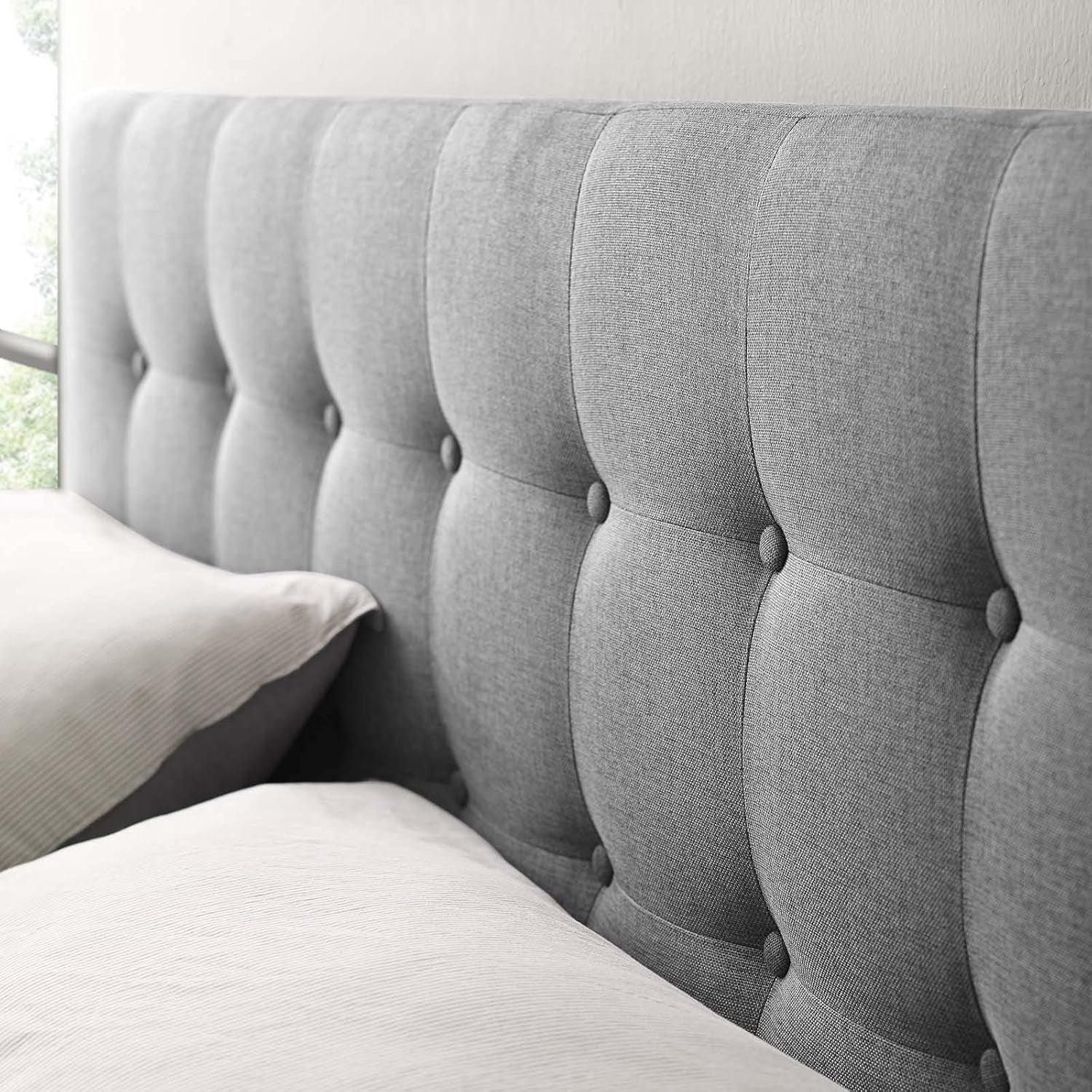 Emily Tufted Button Linen Fabric Upholstered Full Headboard in Gray