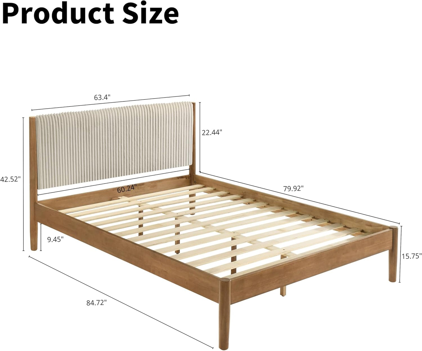 Vichy 2-Piece Rubberwood Bedroom Set with Upholstered Queen Bed and Nightstand, Corduroy