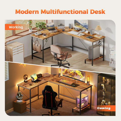 Modern L-Shaped Computer Desk with Storage Shelves & Drawer, 66" Corner Home Office Desk, Large Gaming Desk with RGB Lights & Power Outlets, Workstation for Gaming & Work, Modern Black