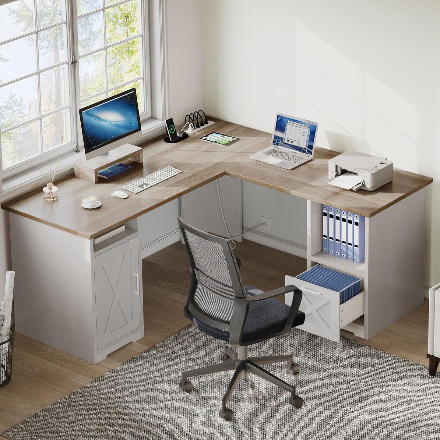 L Shaped Desk with File Drawer, 60" Corner Computer Desk with Power Outlets, Home Office Desk with Monitor Stand & Storage Shelves & File Cabinet, Grey Wash