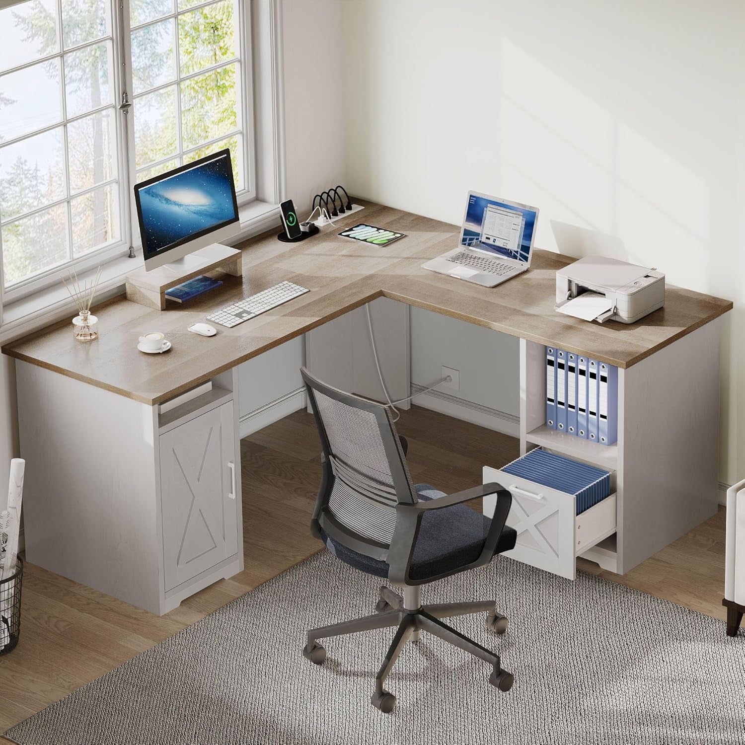 L Shaped Desk with File Drawer, 60" Corner Computer Desk with Power Outlets, Home Office Desk with Monitor Stand & Storage Shelves & File Cabinet, Grey Wash