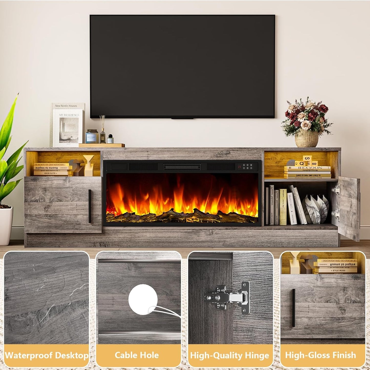 Fireplace TV Stand Entertainment Center with 36" Fireplace, 70" Wooden TV Stand for Tvs up to 80", Modern TV Consoles for Living Room with High Gloss Storage Cabinet and LED Lights (Grey)