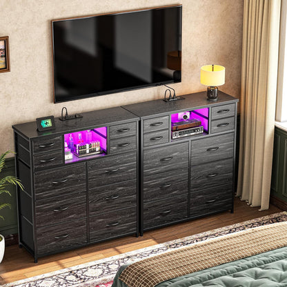 Dresser for Bedroom with 10 Drawers Featuring LED Light and Power Outlet, Fabric Dressers & Chest of Drawers with Open Shelves for Hallway, Living Room, Metal Frame,Wood Top,Grain Black
