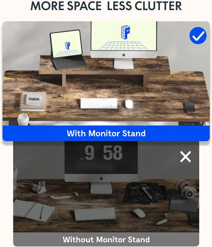 Standing Desk with Monitor Stand, 55 X 24 Inches One-Piece Electric Height Adjustable Computer Desk with Cup Holder, Home Office Desks (Black Frame+ Rustic Top)