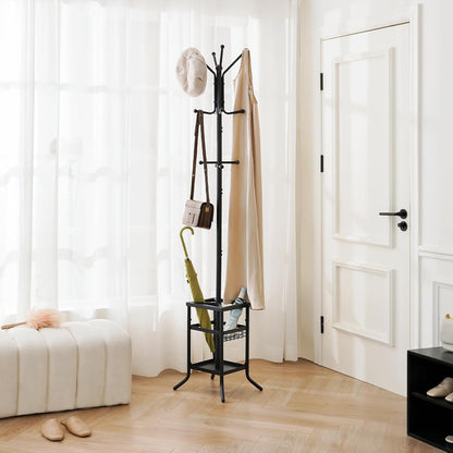 Coat Rack Freestanding - Coat Tree with Umbrella Holder, Metal Coat Rack Stand with 12 Hooks, Modern Coat Hanger Stand for Entryway, Purse Rack Hat Rack Stand for Living Room Bedroom Office