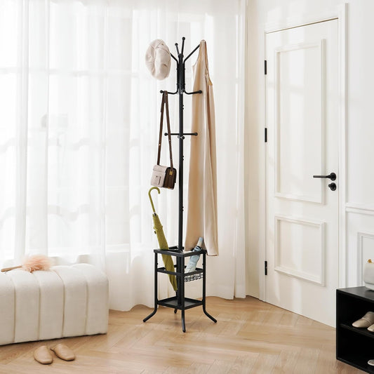 Coat Rack Freestanding - Coat Tree with Umbrella Holder, Metal Coat Rack Stand with 12 Hooks, Modern Coat Hanger Stand for Entryway, Purse Rack Hat Rack Stand for Living Room Bedroom Office