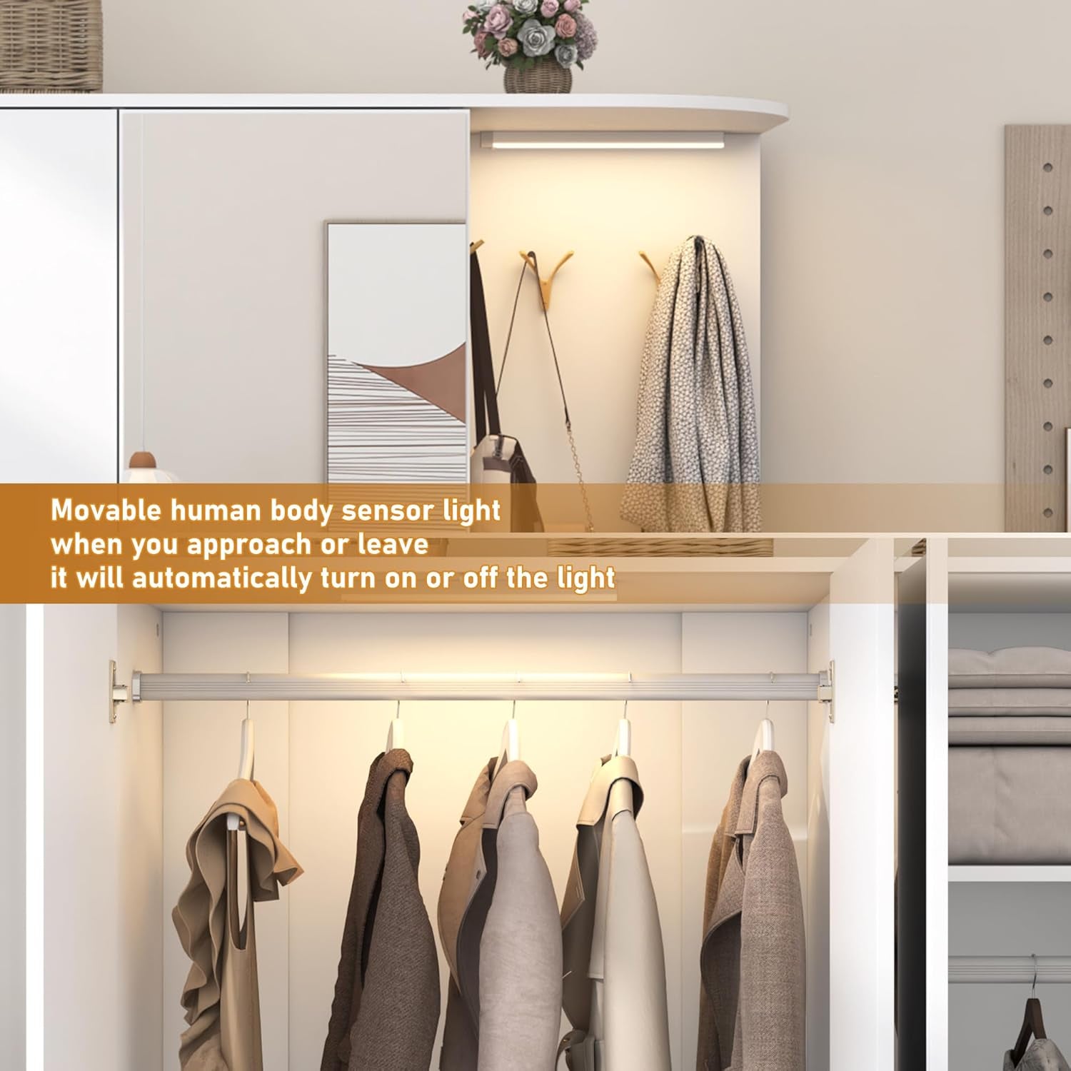 Armoire Wardrobe Closet with Mirror & Sensor Light, Bedroom Armoire with 5 Doors & 2 Drawers, Modern Wooden Large Wardrobe Closet with Shelves, 4 Hooks, 2 Hanging Roods, Open Space, White