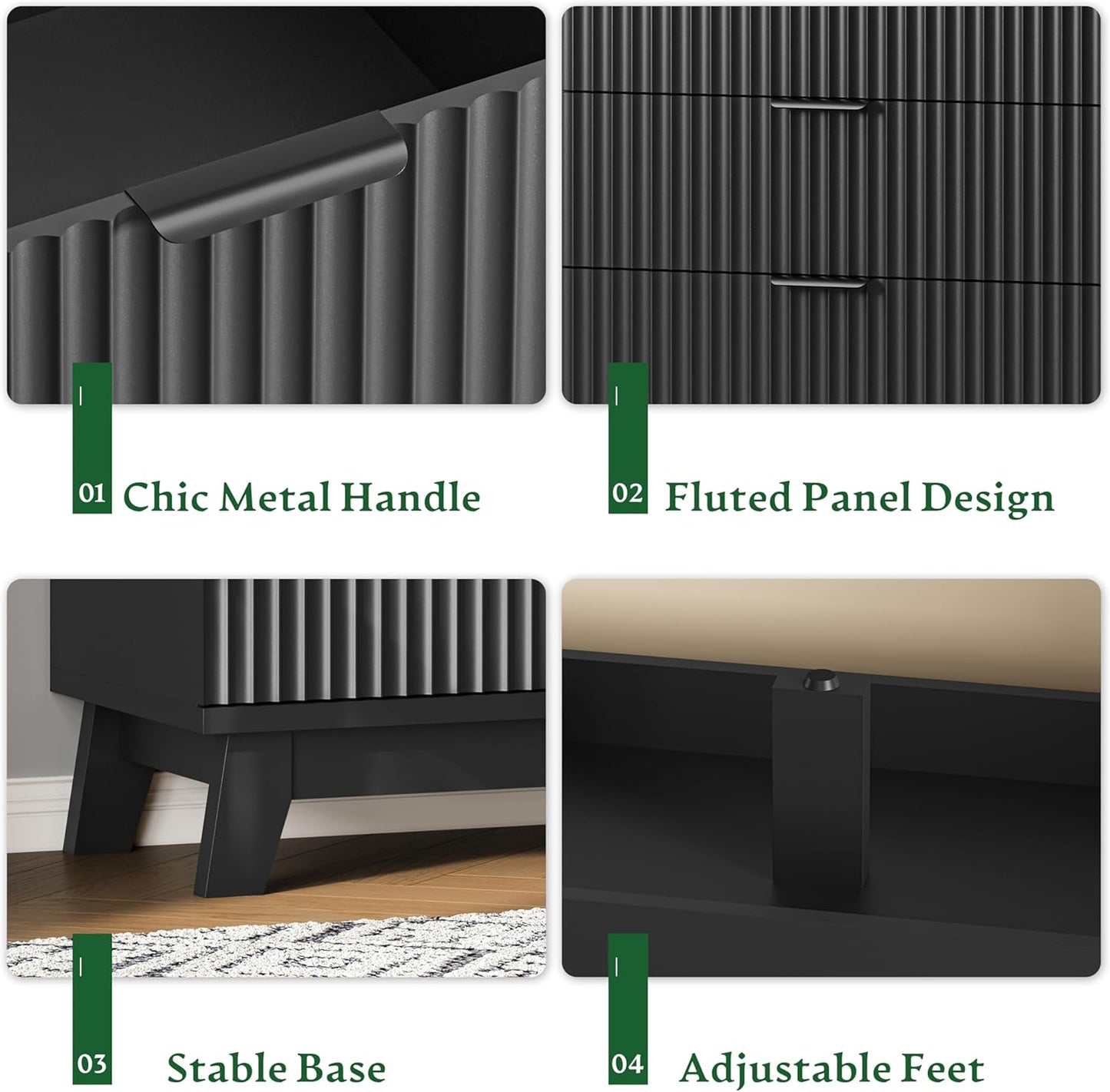 Fluted Dresser with 9 Drawers, 63" Wide Modern Chest of Drawers with Metal Handle, Wooden Dresser TV Stand, Wood Closet Clothes Storage Organizer for Bedroom, Living Room, Hallway, Solid Black