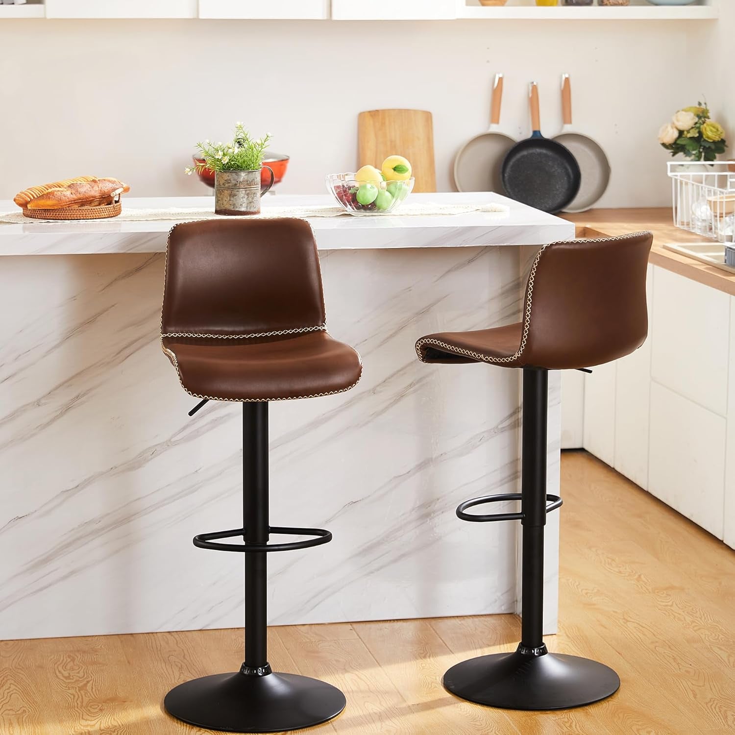 Bar Stools Set of 3, Swivel Counter Height Barstools with Back, Adjustable Height 24" to 32", Brown Faux Leather Bar Chairs for Kitchen Island (Brown, Set of 3 (24'' to 32''))