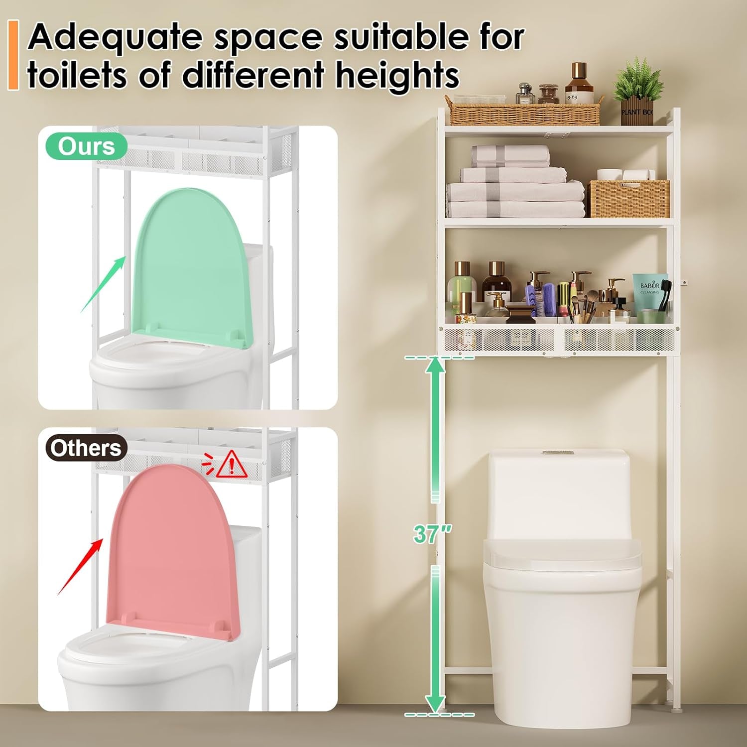 3-Tier over the Toilet Storage Shelf, Metal over Toilet Bathroom Organizer with Dividers, Freestanding Bathroom Space Saver Rack with Adjustable Shelf & Feet, White