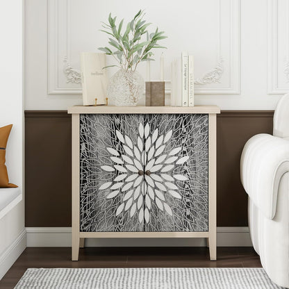 Black Accent Furniture, 32 Inch Wide 2-Door Carved Geometric Sideboard Buffet Server with Adjustable Shelves, Modern Boho Style Fluted Storage Console Table for Dining Room, Kitchen, Living Room