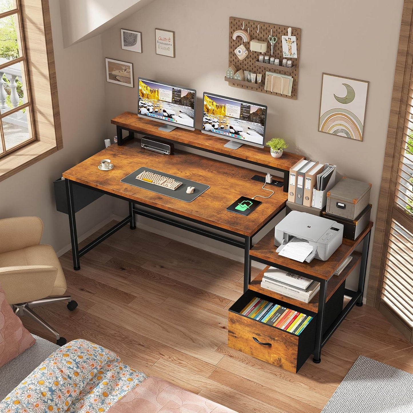 57" Office Desk with Drawers and Printer Space,Computer Desk with Power Outlets,Home Office Desks with File Drawers Cabinet,Study and Gaming Desk with Shelves Monitor Stand,Rustic Brown