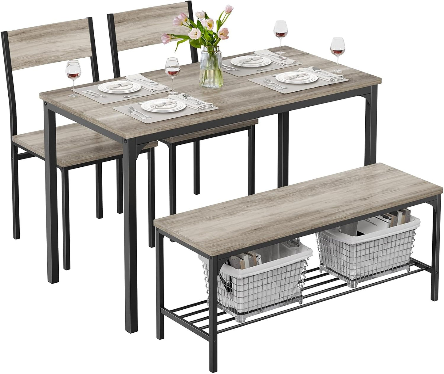 Dining Table Set, Dining Table for 4 with Bench, Kitchen Table, Space-Saving Ideal 4-Person Set for Dining Room Kitchen Apartment Corner Grey 4 Pack