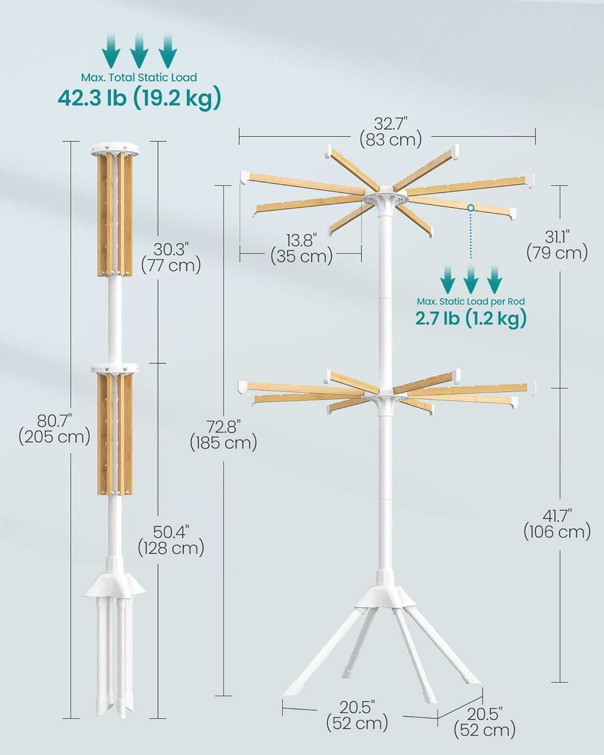 Clothes Drying Rack 2-Tier, with Bamboo Hanging Rods, Foldable Metal Laundry Rack, Space-Saving, Free-Standing Airer, Indoor Use, White and Natural ULLR517W01