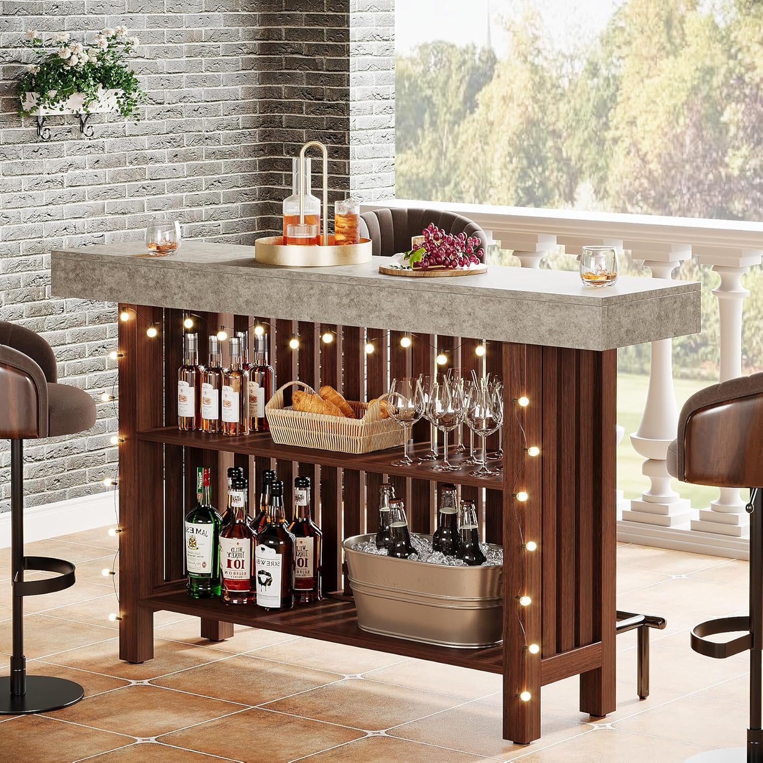 63-Inch Large Home Bar Unit, 2-Tier Kitchen Island Mini Bar Height Pub Table with Footrest, Modern Coffee Bar Cabinet for Dining Room, Bistro, Living Room
