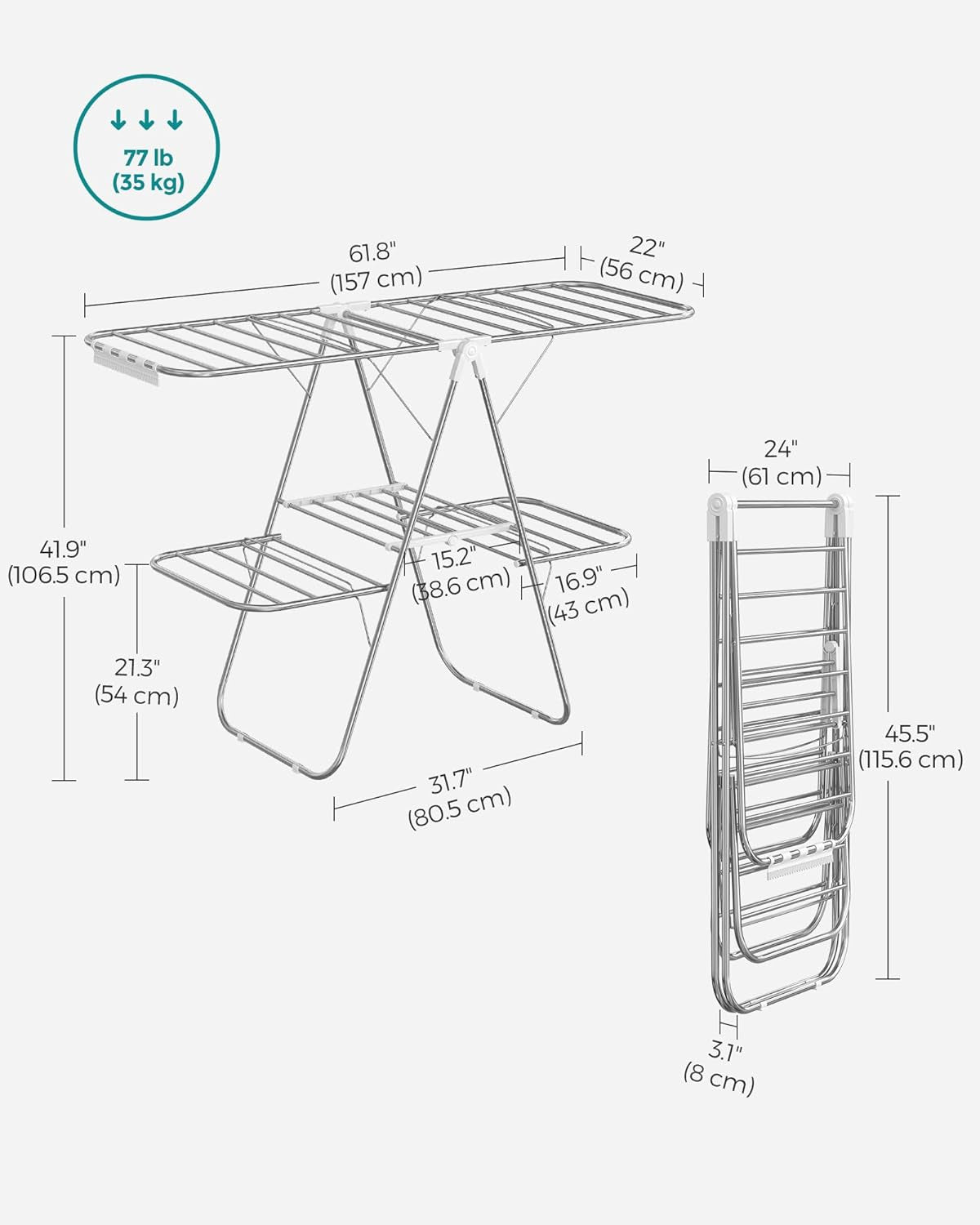 Clothes Drying Rack, Foldable 2-Level Laundry Drying Rack, Free-Standing Laundry Airer, with Height-Adjustable Wings, 33 Drying Rails, Sock Clips, Silver and White ULLR053W01V1