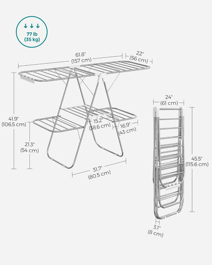 Clothes Drying Rack, Foldable 2-Level Laundry Drying Rack, Free-Standing Laundry Airer, with Height-Adjustable Wings, 33 Drying Rails, Sock Clips, Silver and White ULLR053W01V1