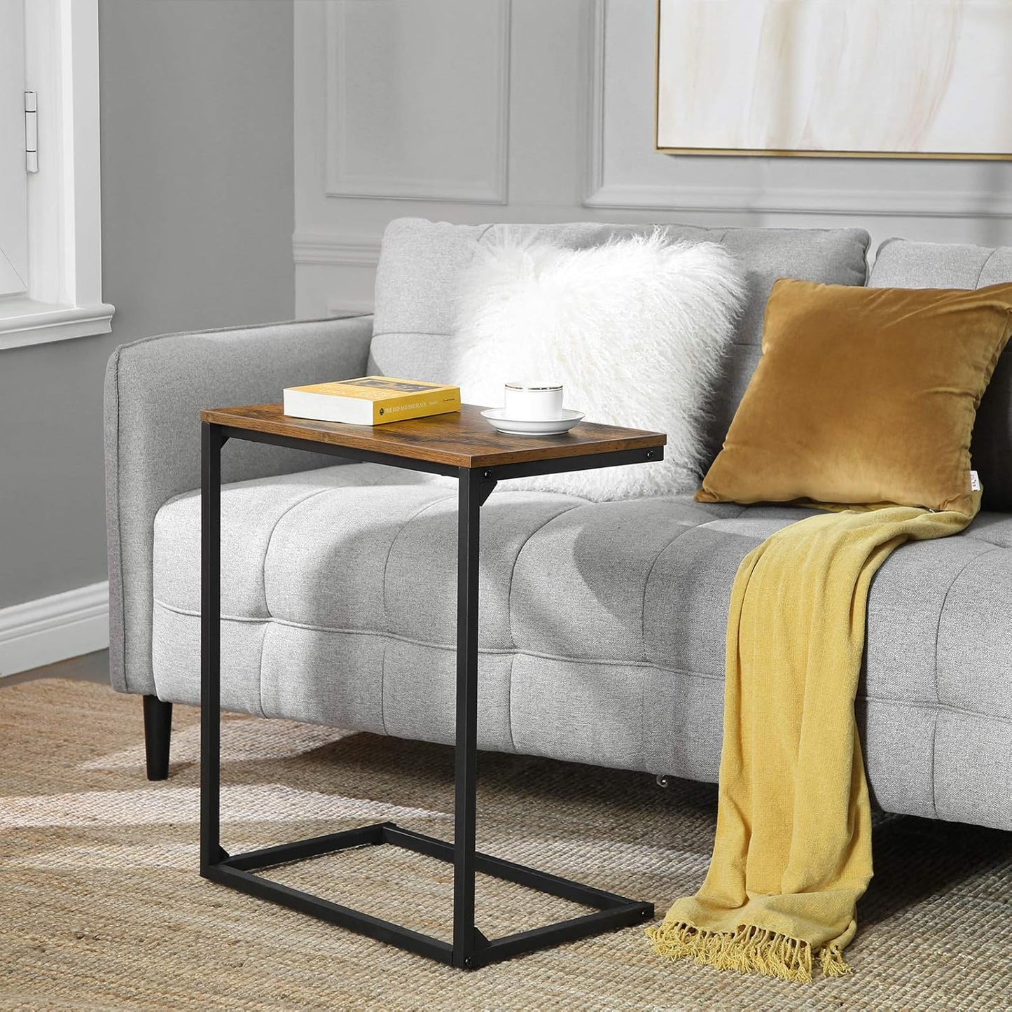 C Shape End Table, Small Coffee Table for Couch or Sofa, Industrial Side Table in Living Room, Bedroom, 13.8 X 21.7 X 26 Inches, Rustic Brown and Black ULNT52BX