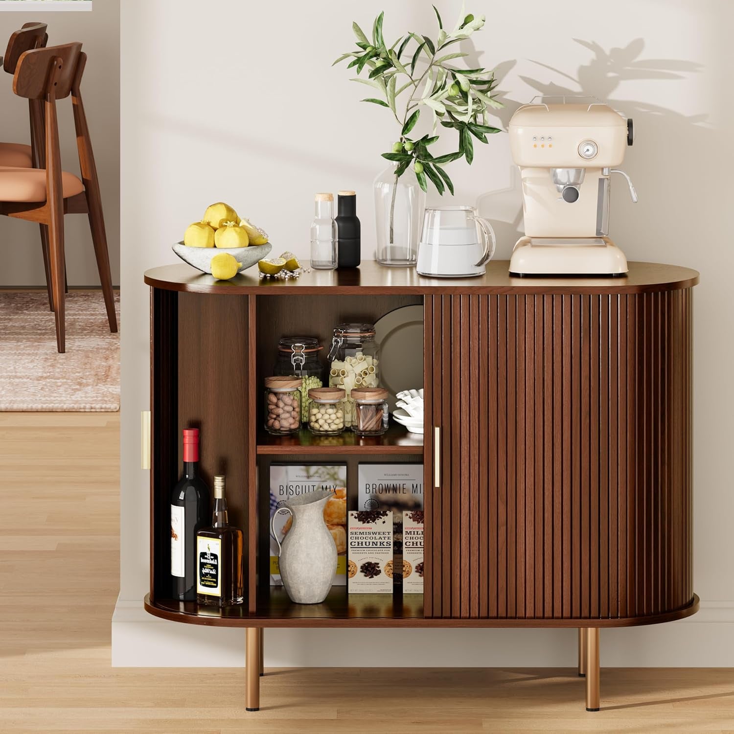 Sideboard Buffet Cabinet with Storage,Mid Century Modern Fluted Accent Coffee Bar Console Table,Tambour Sliding Doors& Adjustable Shelf for Kitchen, Living Room, Entryway(Walnut, 40Inch)
