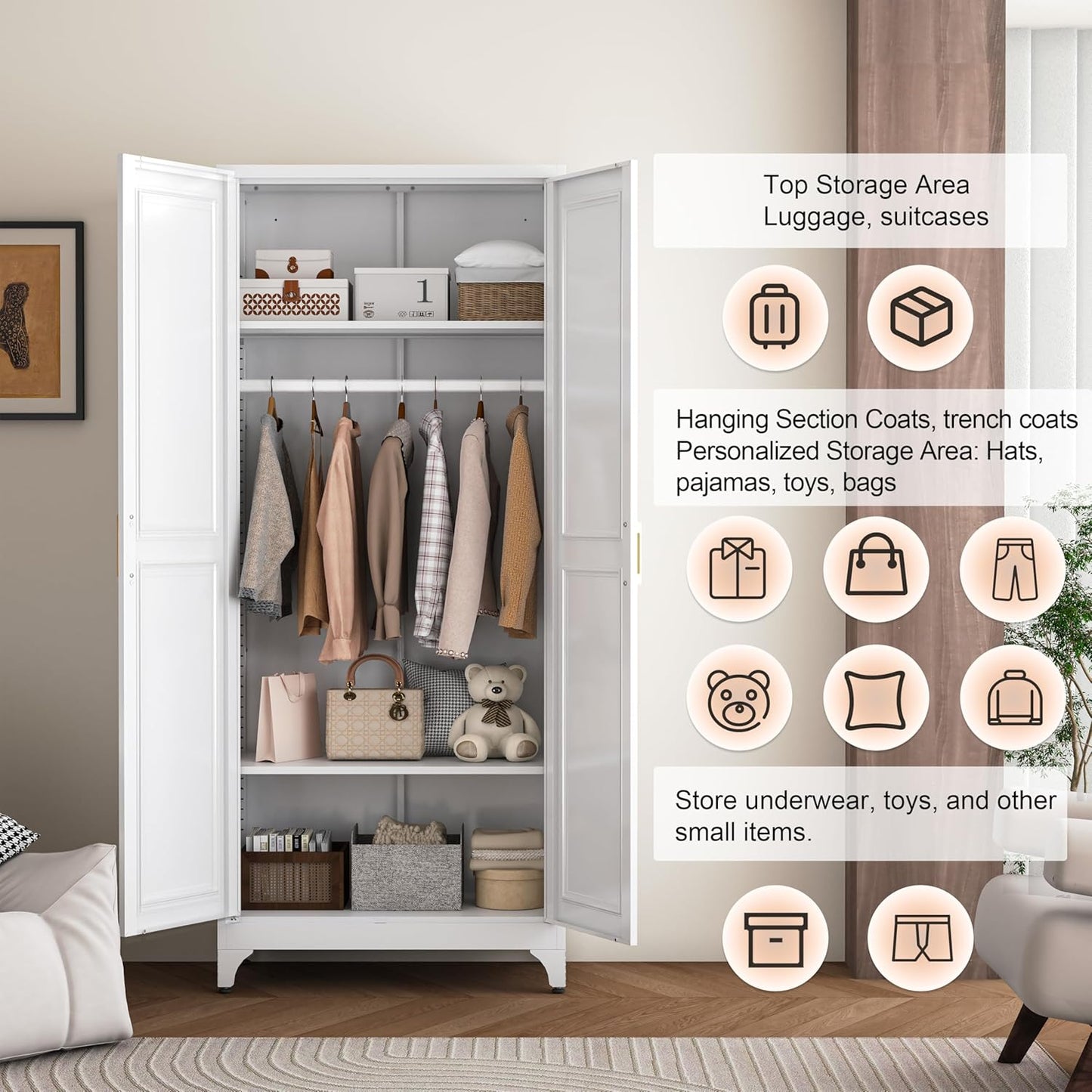 Metal Wardrobe Cabinets,Armoire Wardrobe Closet with Hanging Rod,Clothes Storage Cabinet with Adjustable Shelves and Doors,Clothing Cabinet for Bedroom,Office, Laundry Room