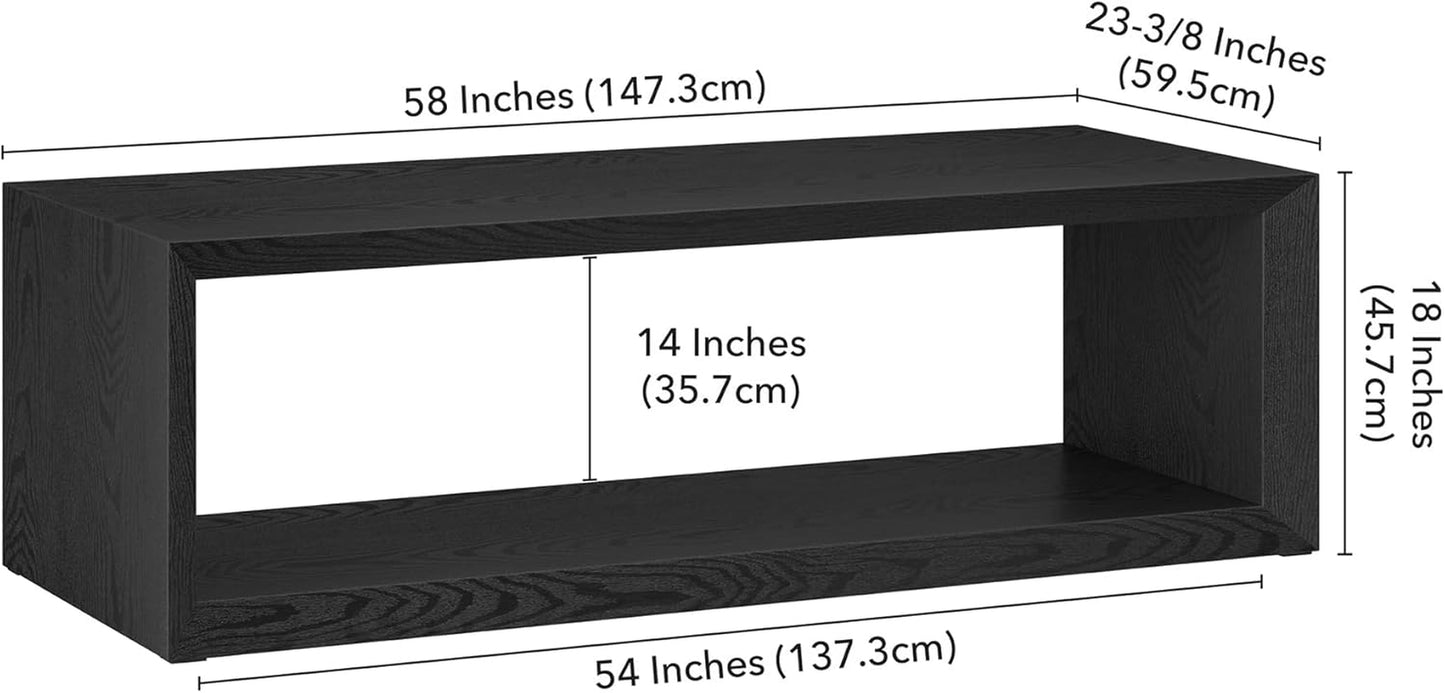 58" Rectangular Coffee Table with Open Storage Shelf for Living Room, Family Room, or Office, Black Grain