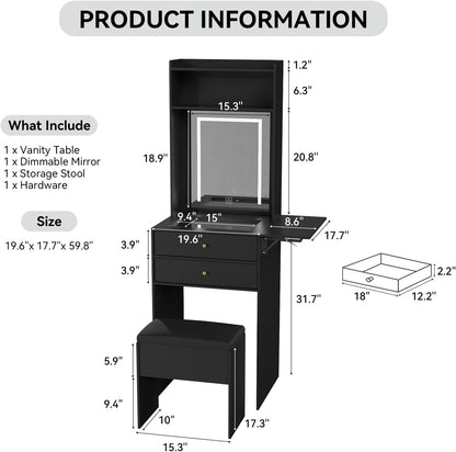 Small Vanity Desk Set with 3 Adjustable Lighted Mirror and Storage Chair Mini Black Makeup Vanities Set for Bedroom Compact Make up Dressing Table with Fold-Up Panel for Tiny Space