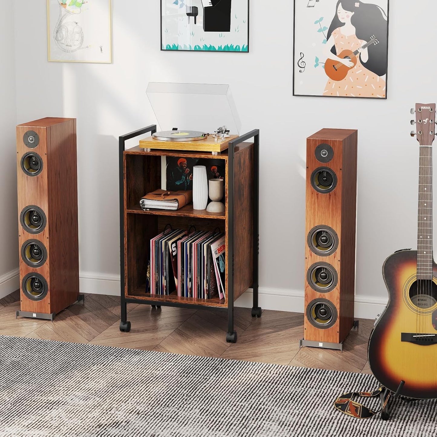 Record Player Stand with Charging Station, Mobile Turntable Stand with Record Storage & 4 Rolling Wheels, 3-Tier Vinyl Record Storage W/ Open Shelves & Dividers for Living Room, Rustic Brown