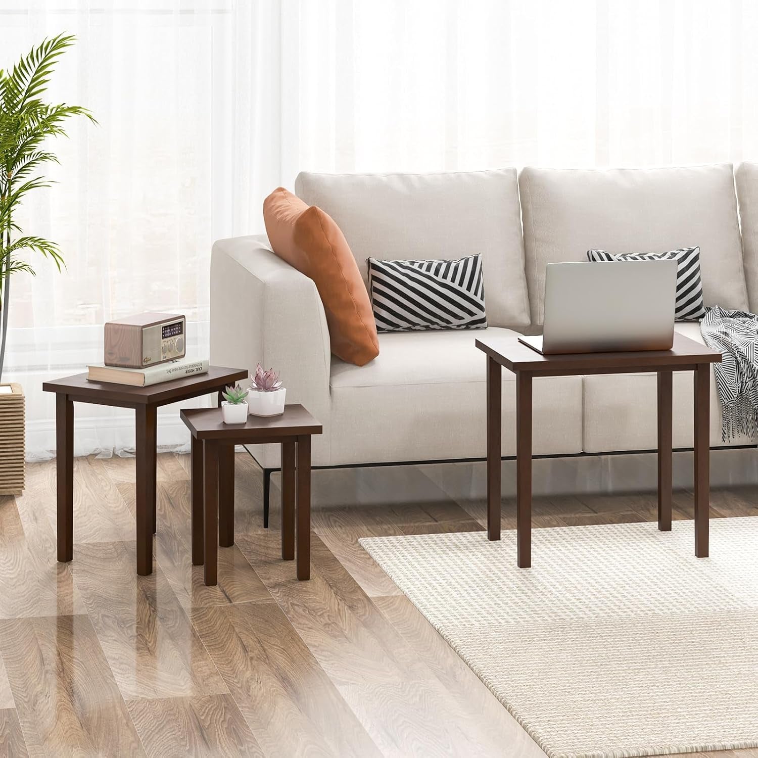 Nesting Tables Set of 3, Farmhouse Stacking Side Table with Rubber Legs, Wooden Rectangle Accent End Table, Nesting Coffee Tables for Living Room Bedroom (Walnut)
