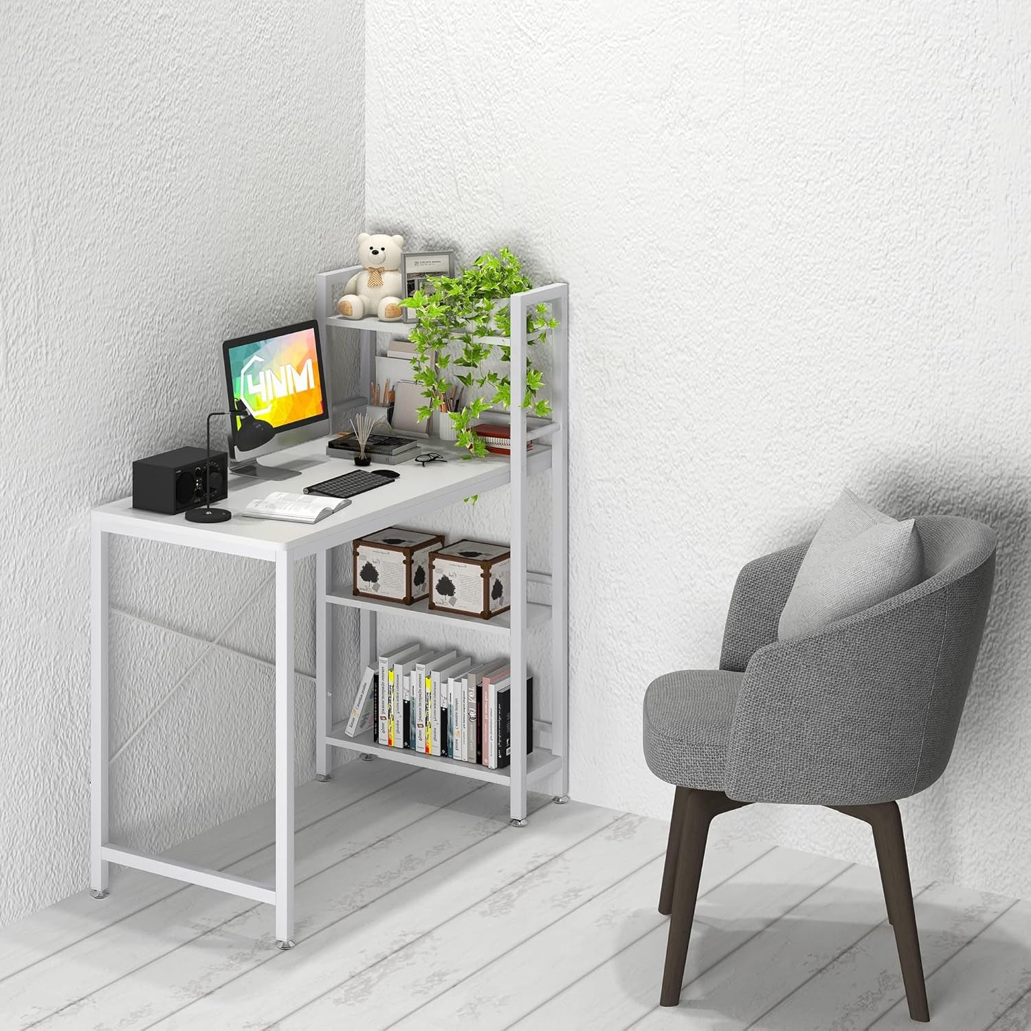 35" Small Computer Desk with 4-Tier Bookshelf, Home Office Desk Writing Workstation Study Table Multipurpose for Small Space Work - All White