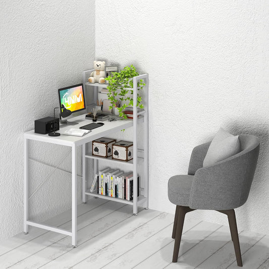 35" Small Computer Desk with 4-Tier Bookshelf, Home Office Desk Writing Workstation Study Table Multipurpose for Small Space Work - All White
