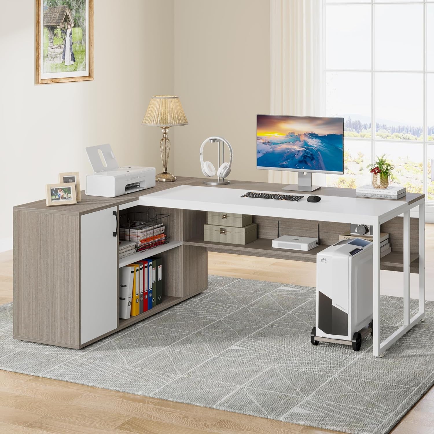 71 Inch Executive Desk, L Shaped Desk with Cabinet Storage, Executive Office Desk with Shelves, Business Furniture Set Workstation for Home Office, Gray and White