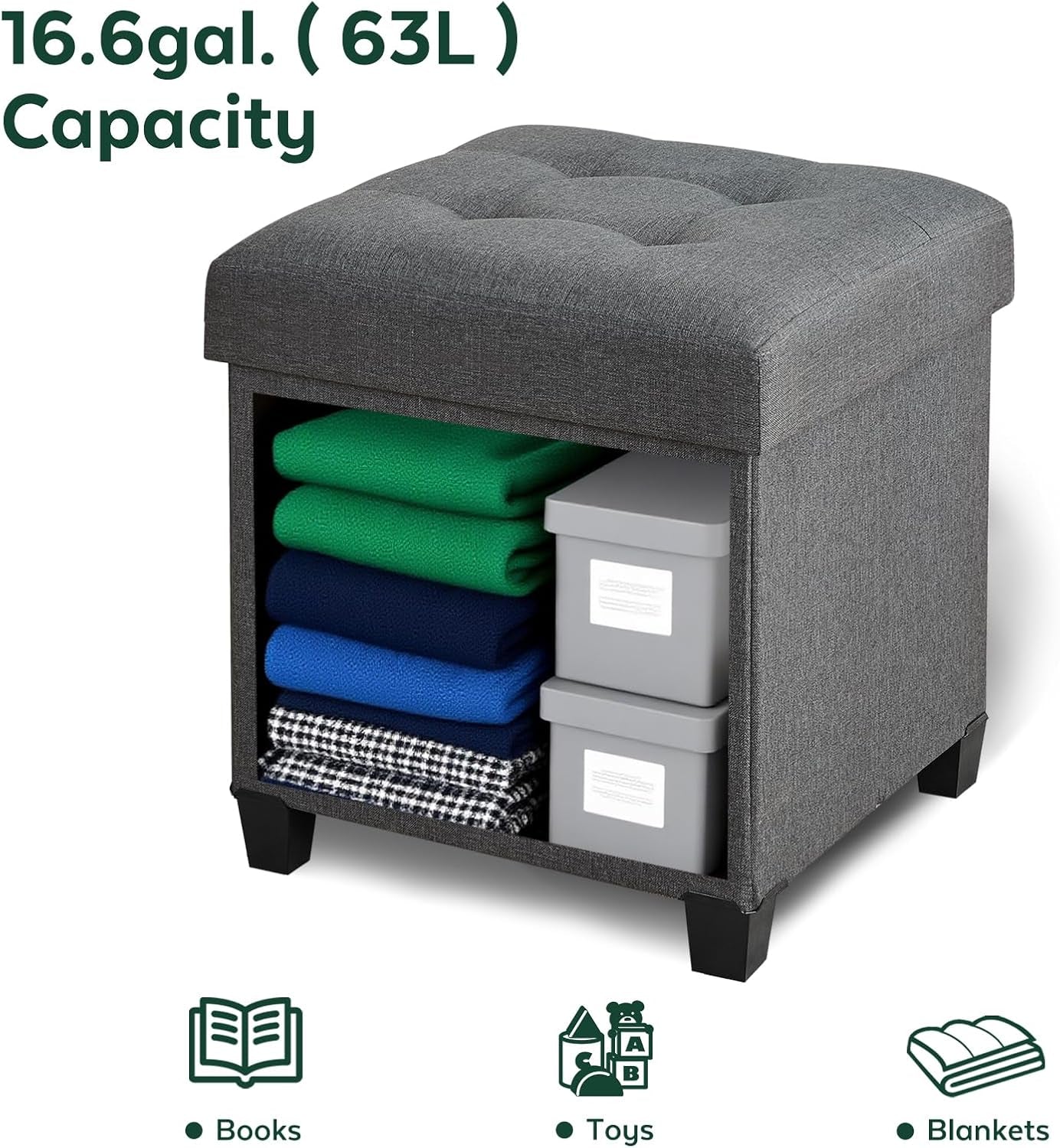 17.7" Square Ottoman with Storage, Storage Ottoman Foot Stool with Lid & Solid Wood Legs, Linen Ottomans for Living Room, Bedroom, Dorm, Gray