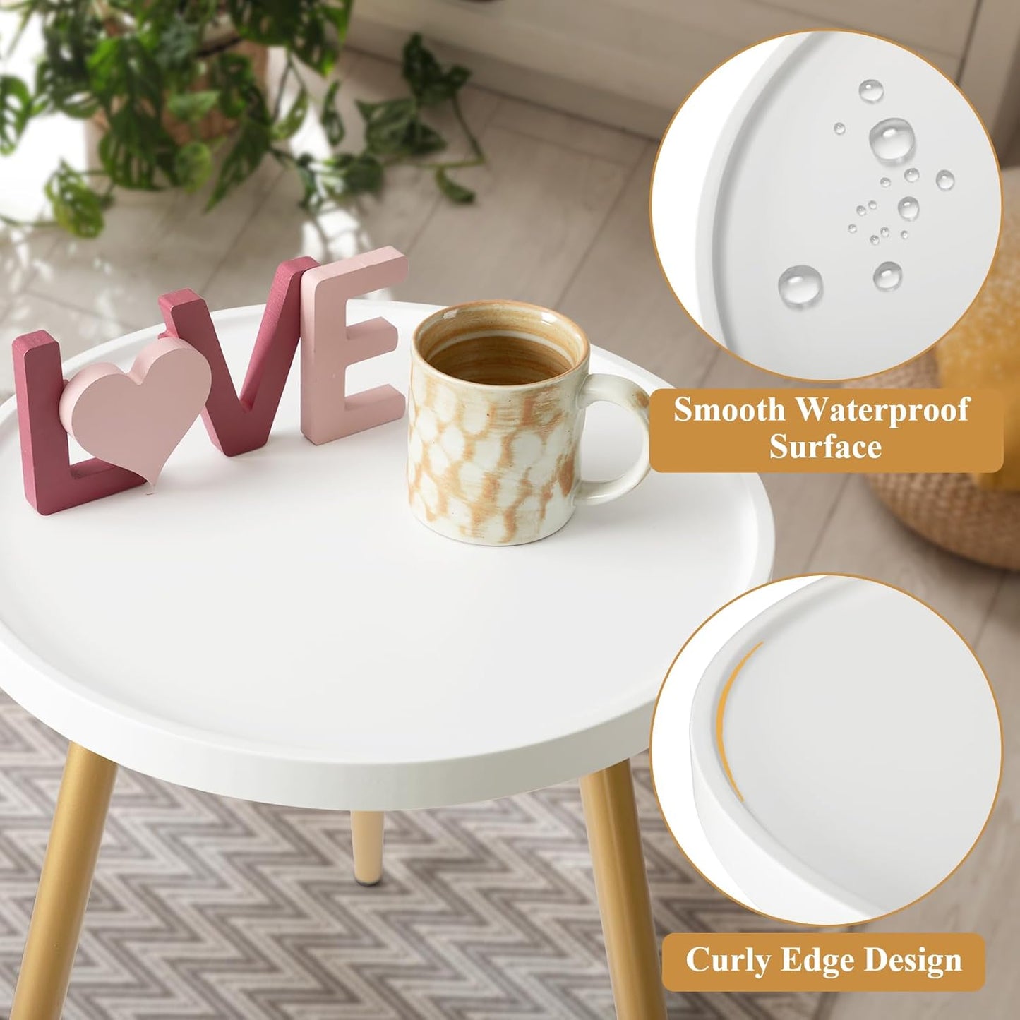 Nursery Side Table, Metal Legged Mini Table with Wooden Tray, Small round End Table for Living Room, Bedroom, Nursery, White & Gold