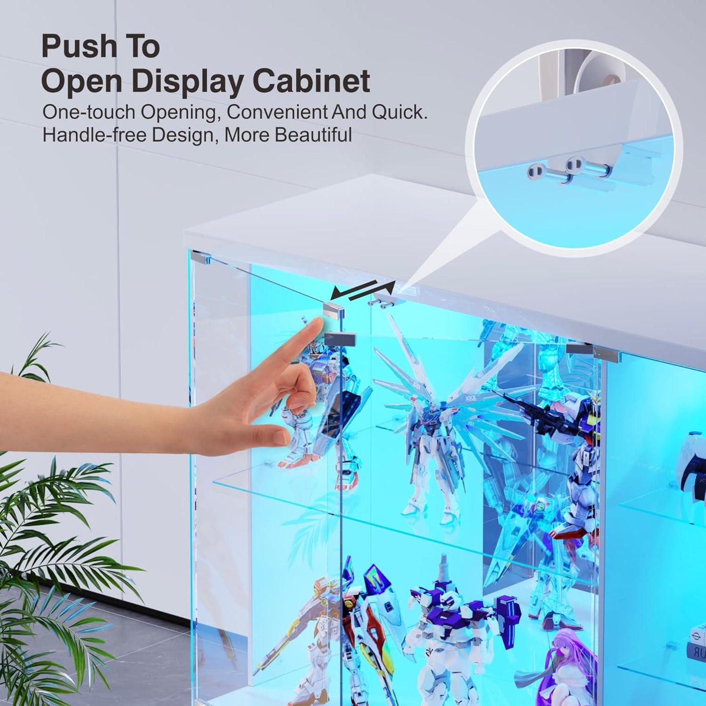 Glass Display Cabinet with Lock & LED Light, High Gloss Sideboard with Human Body Sensor & Glass Shelves for Toys, Books, Collectibles, Liquor, Bookcase for Living Room, Kitchen, Study, White