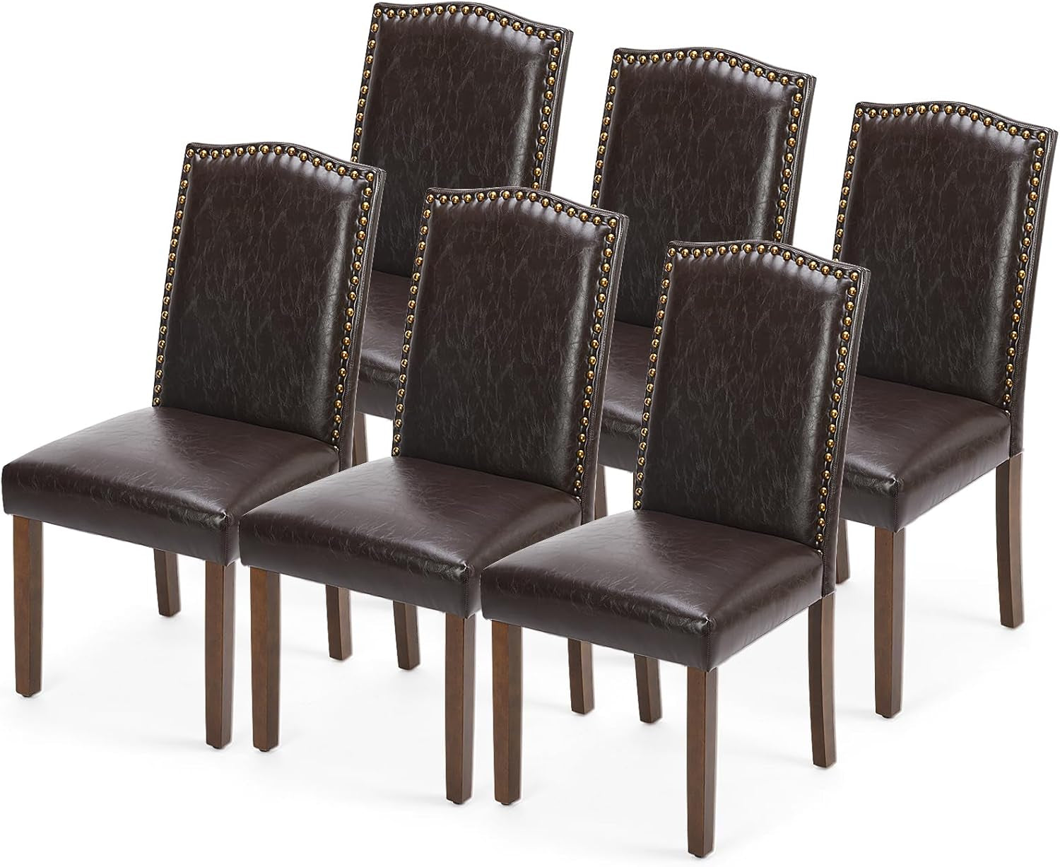 Dining Chairs Set of 6, Moden PU Leather Kitchen Table Chairs with Wooden Legs and Padded Seat for Dining Room/Kitchen/Living Room/Restaurant, Brown