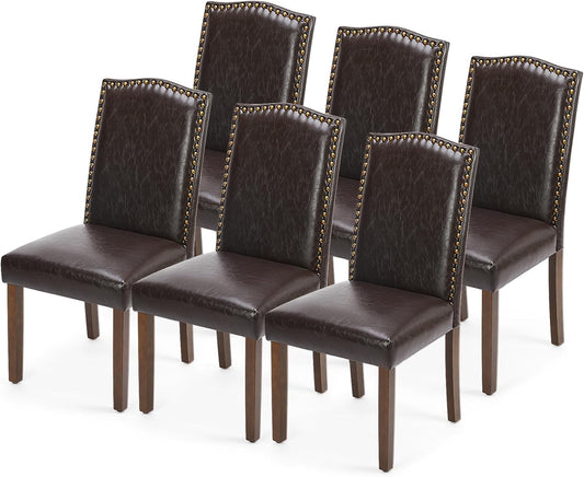 Dining Chairs Set of 6, Moden PU Leather Kitchen Table Chairs with Wooden Legs and Padded Seat for Dining Room/Kitchen/Living Room/Restaurant, Brown
