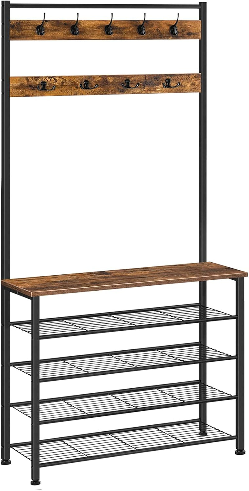 Hall Tree, Coat Rack with Shoe Rack, Hall Tree with Bench, 5 Tier Shoe Storage Organizer with 9 Hooks for Entryway, Closet, Sturdy, Industrial, Rustic Brown and Black BF80MT01G2