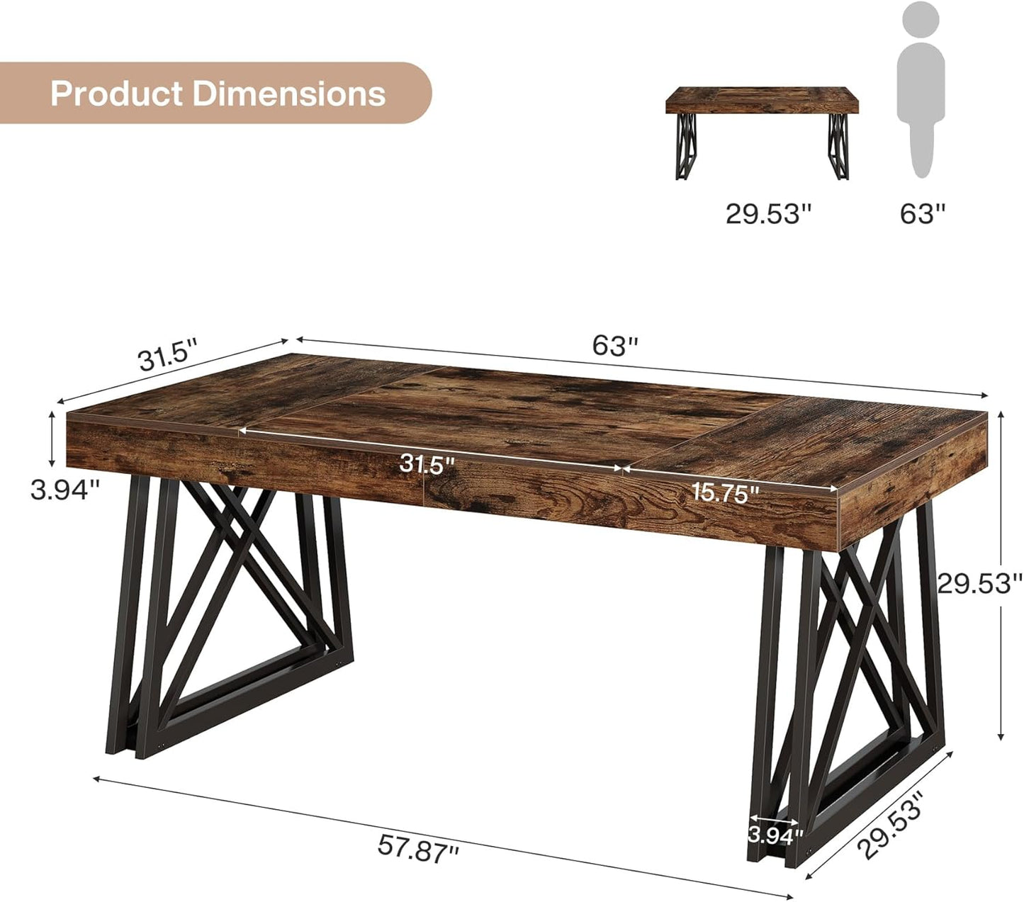 63-Inch Executive Desk, Farmhouse Office Computer Desk with Sturdy X-Shaped Legs, Large Writing Table Business Furniture Workstation for Home Office, Study (Rustic Brown & Black)