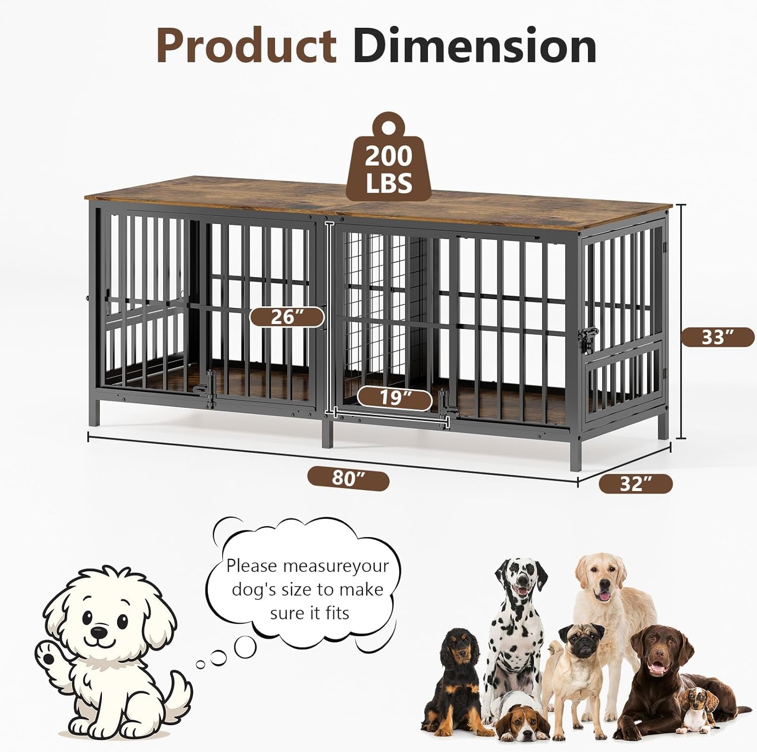 Double 80" Dog Crate Furniture, Extra Large Dog Crates for Large Dogs with 2 Dog Bowl, Wooden Pet Cage with Removable Divider, Sliding Door Dog Crate TV Stand, for 2 Pet, Space Saving