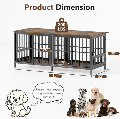 Double 80" Dog Crate Furniture, Extra Large Dog Crates for Large Dogs with 2 Dog Bowl, Wooden Pet Cage with Removable Divider, Sliding Door Dog Crate TV Stand, for 2 Pet, Space Saving