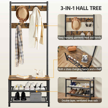 3-In-1 Hall Tree Coat Rack Shoe Bench with 9 Hooks and Storage Shelf, Industrial Entryway Storage Shelf Bench, Easy Assembly, Rustic Brown