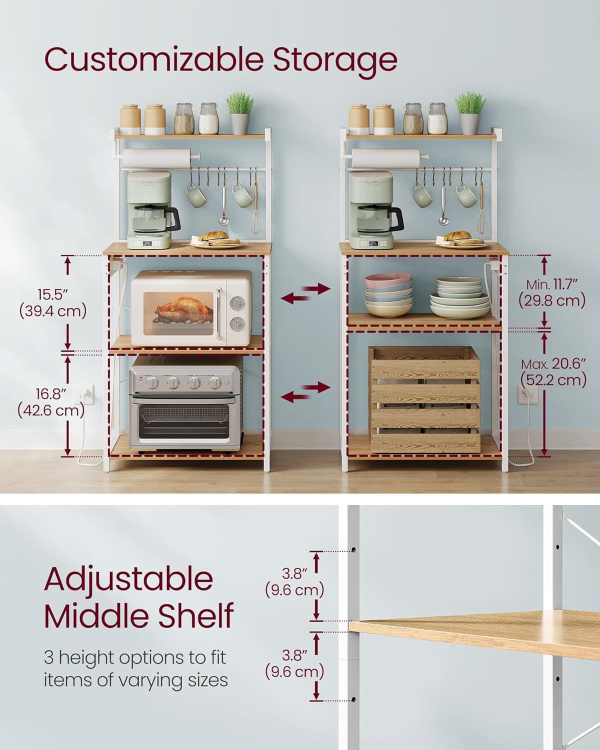 Kitchen Bakers Rack with Power Outlet, Coffee Bar 4-Tier with 8 S Hooks, Microwave Stand, Adjustable Shelf, for Small Spaces, Golden Oak and Cloud White UKKS014Y01V1
