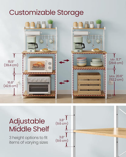 Kitchen Bakers Rack with Power Outlet, Coffee Bar 4-Tier with 8 S Hooks, Microwave Stand, Adjustable Shelf, for Small Spaces, Golden Oak and Cloud White UKKS014Y01V1