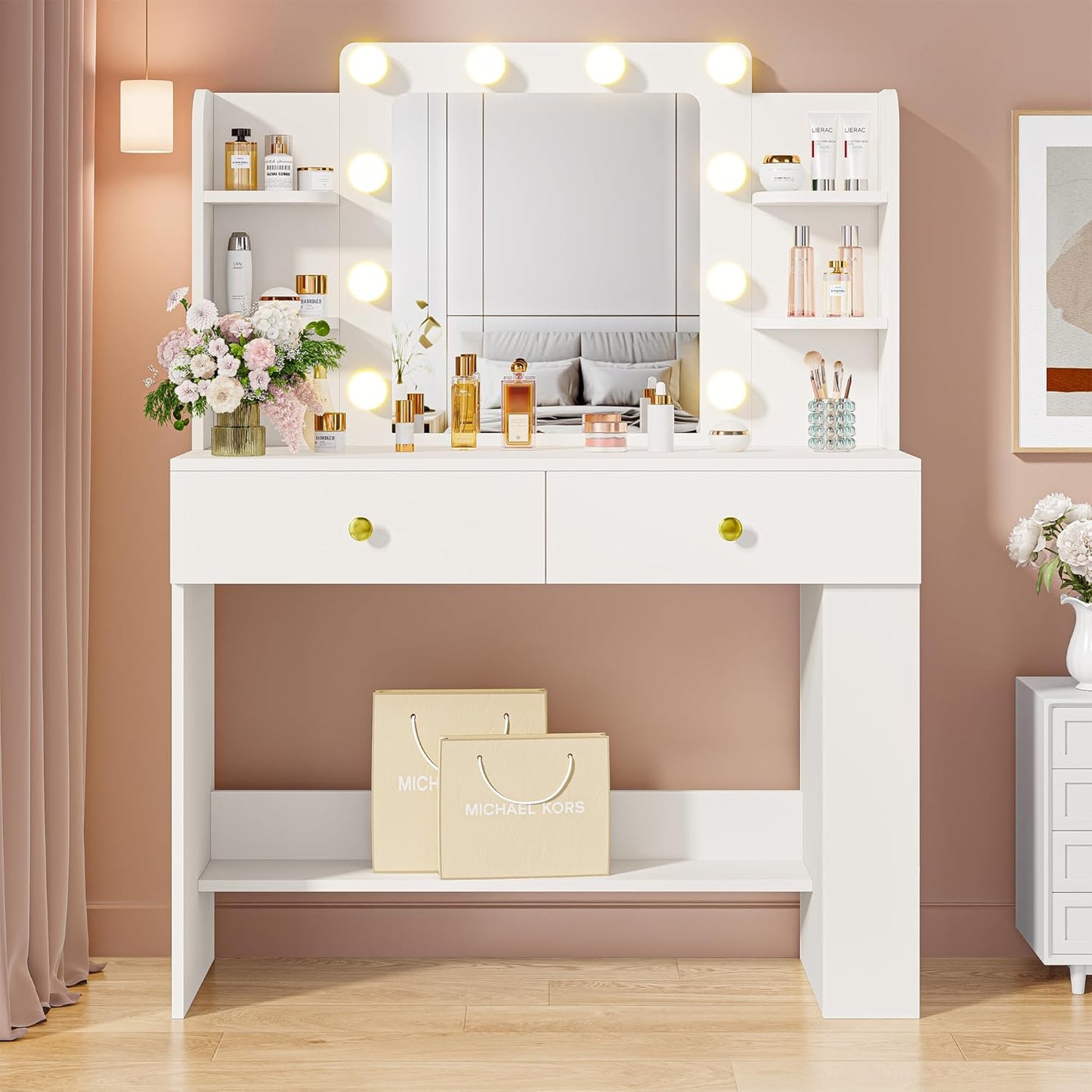 Vanity Desk with Mirror and Lights, Small Makeup Vanity Table with 3 Color Modes, 2 Drawers, 2 Side Shelves & Open Storage Shelves, Dressing Table for Bedroom,White