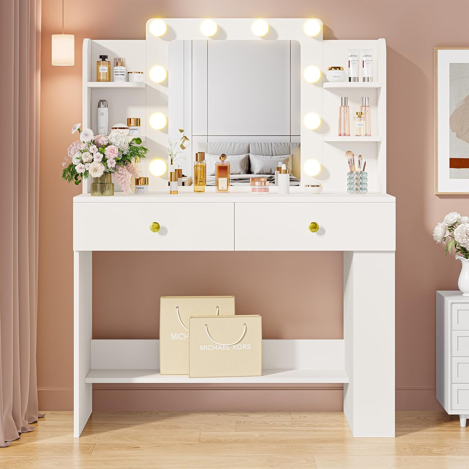 Vanity Desk with Mirror and Lights, Small Makeup Vanity Table with 3 Color Modes, 2 Drawers, 2 Side Shelves & Open Storage Shelves, Dressing Table for Bedroom,White