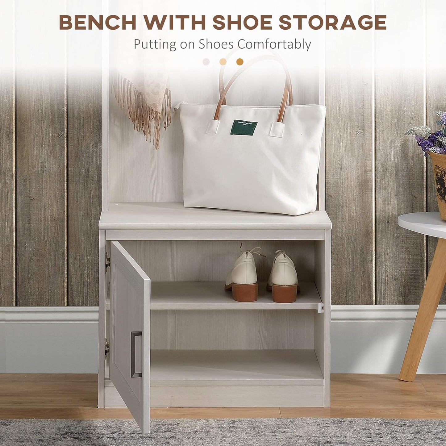 Narrow Hall Tree with Shoe Storage Bench, Rustic Entryway Bench with Coat Rack, Accent Coat Tree with Storage Shelves for Hallway, Mudroom, White Wood Grain