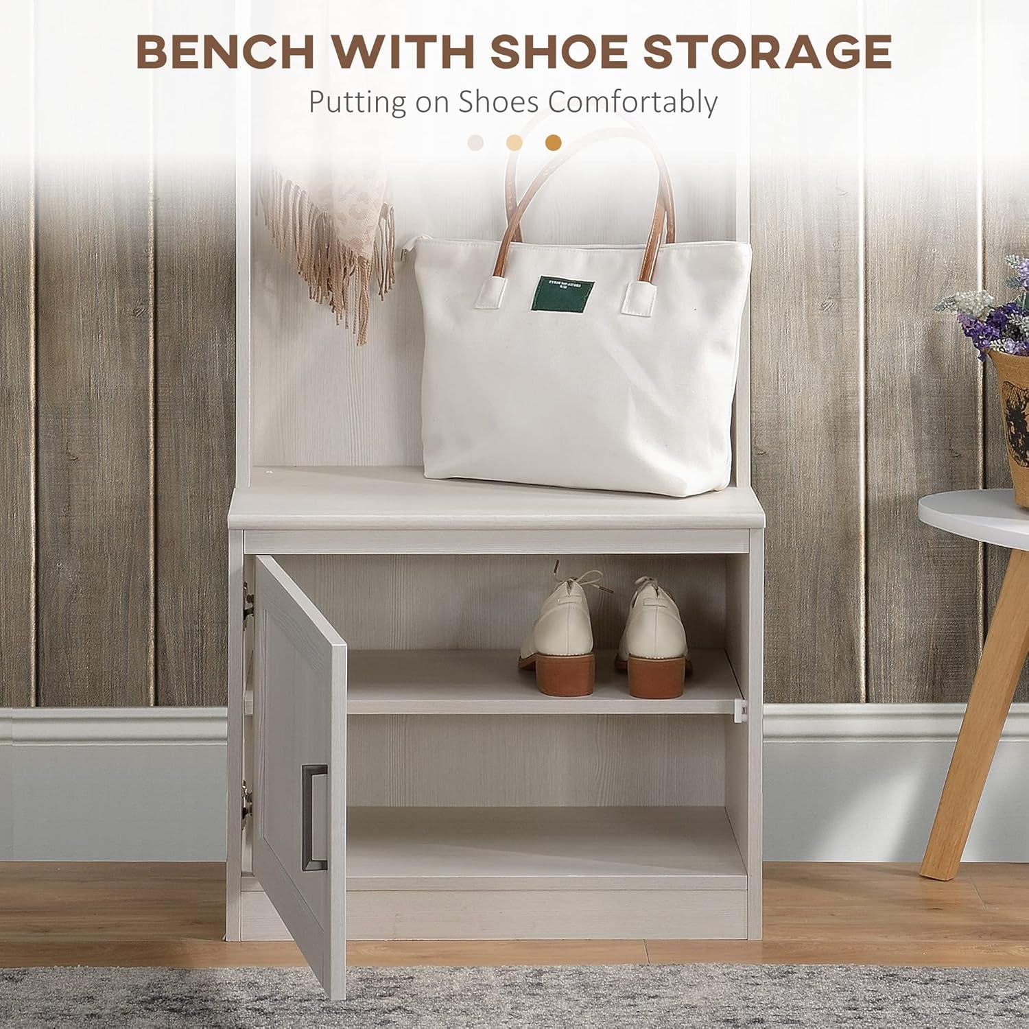 Narrow Hall Tree with Shoe Storage Bench, Rustic Entryway Bench with Coat Rack, Accent Coat Tree with Storage Shelves for Hallway, Mudroom, White Wood Grain