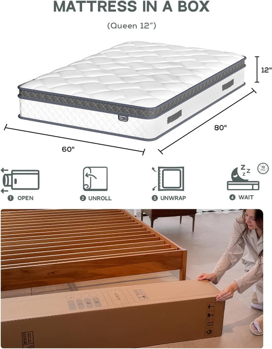 Queen Size Mattress in a Box, 12 Inch Queen Hybrid Mattress with Memory Foam and Individual Pocket Spring for Motion Isolation, Pressure Relief, Certipur-Us Certified, Medium Firm
